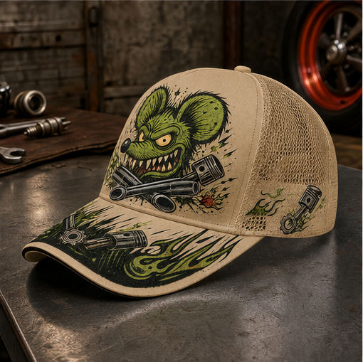 Green Monster Engine Graphic Trucker Hat Khaki