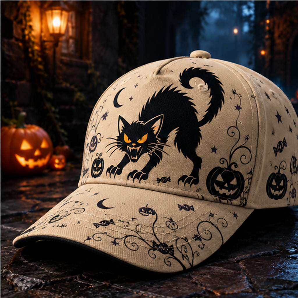 Spooky Black Cat Halloween Baseball Cap Beige