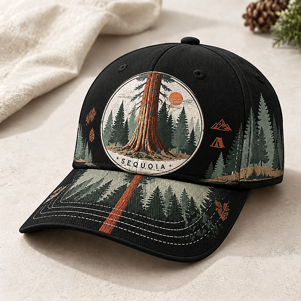Sequoia Forest Camping Graphic Baseball Cap Black
