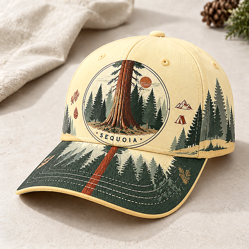 Sequoia Forest Camping Graphic Baseball Cap Cream