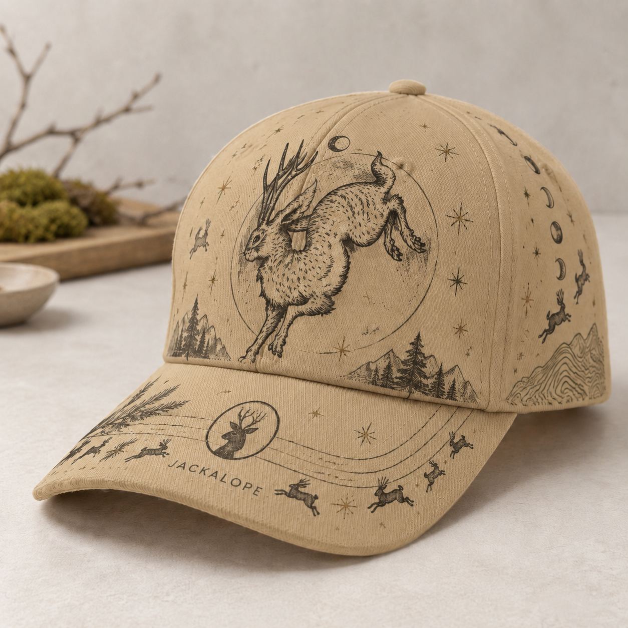 Jackalope Moon Woodland Graphic Baseball Cap Khaki