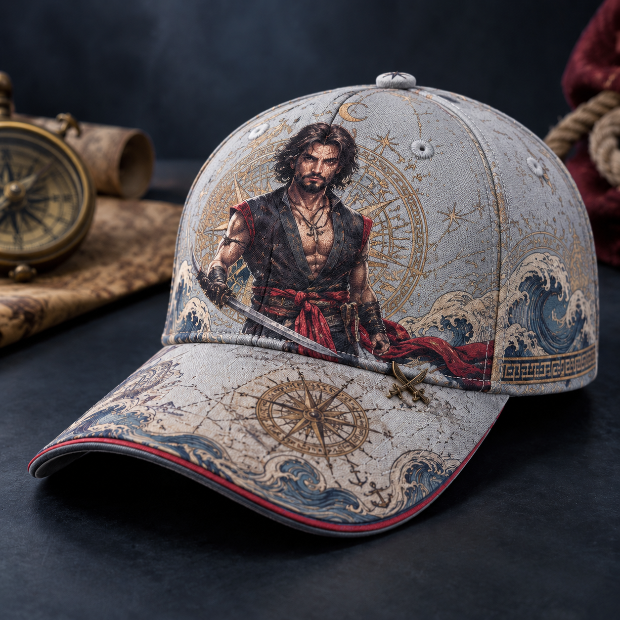 Nautical Swordsman Compass Graphic Baseball Cap Gray