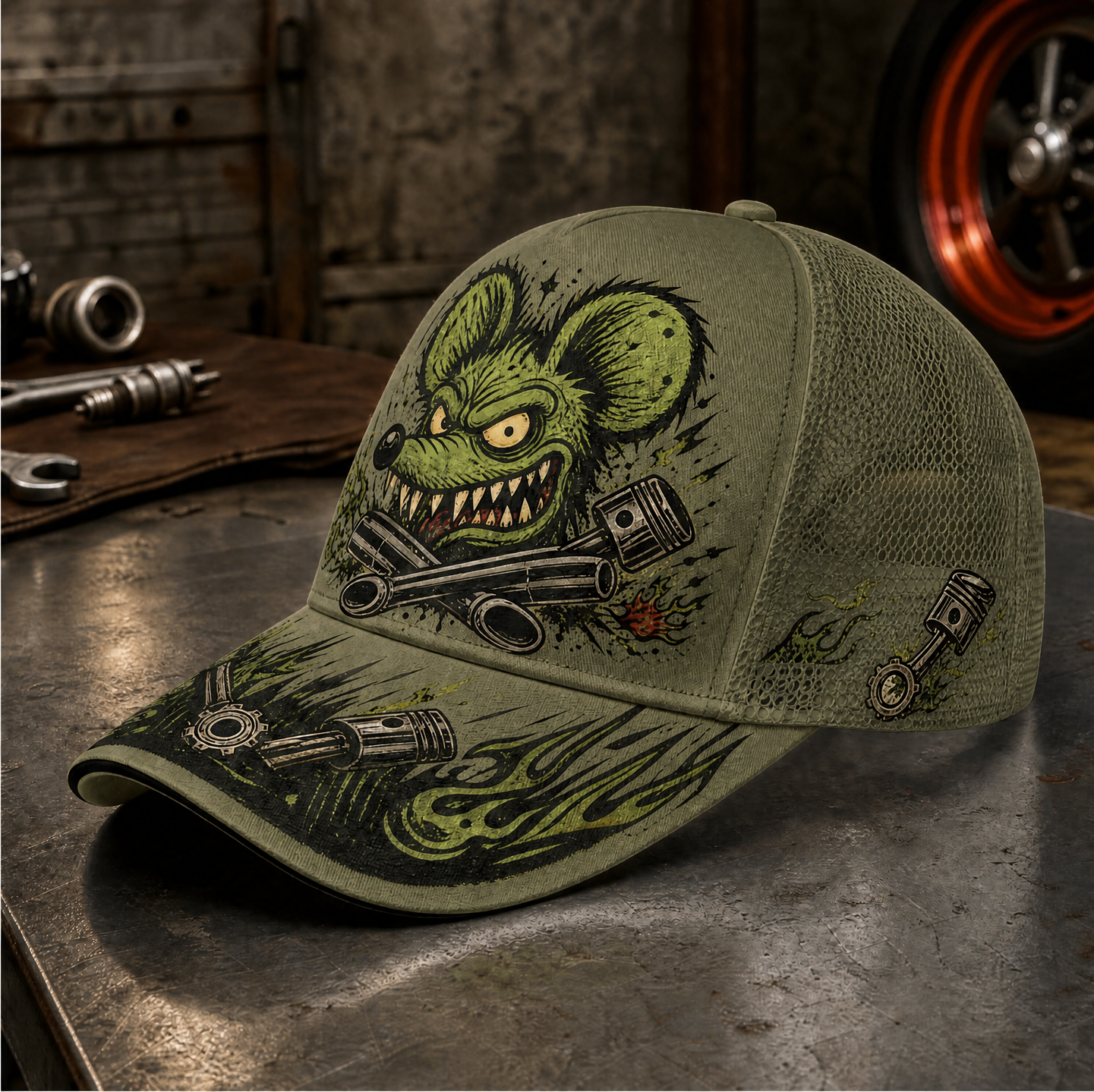 Green Monster Engine Graphic Trucker Hat Olive