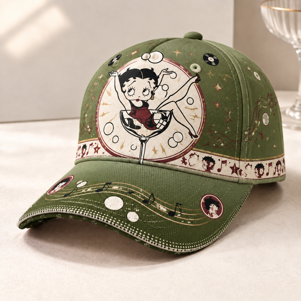 Retro Cartoon Cocktail Glass Graphic Baseball Cap Olive