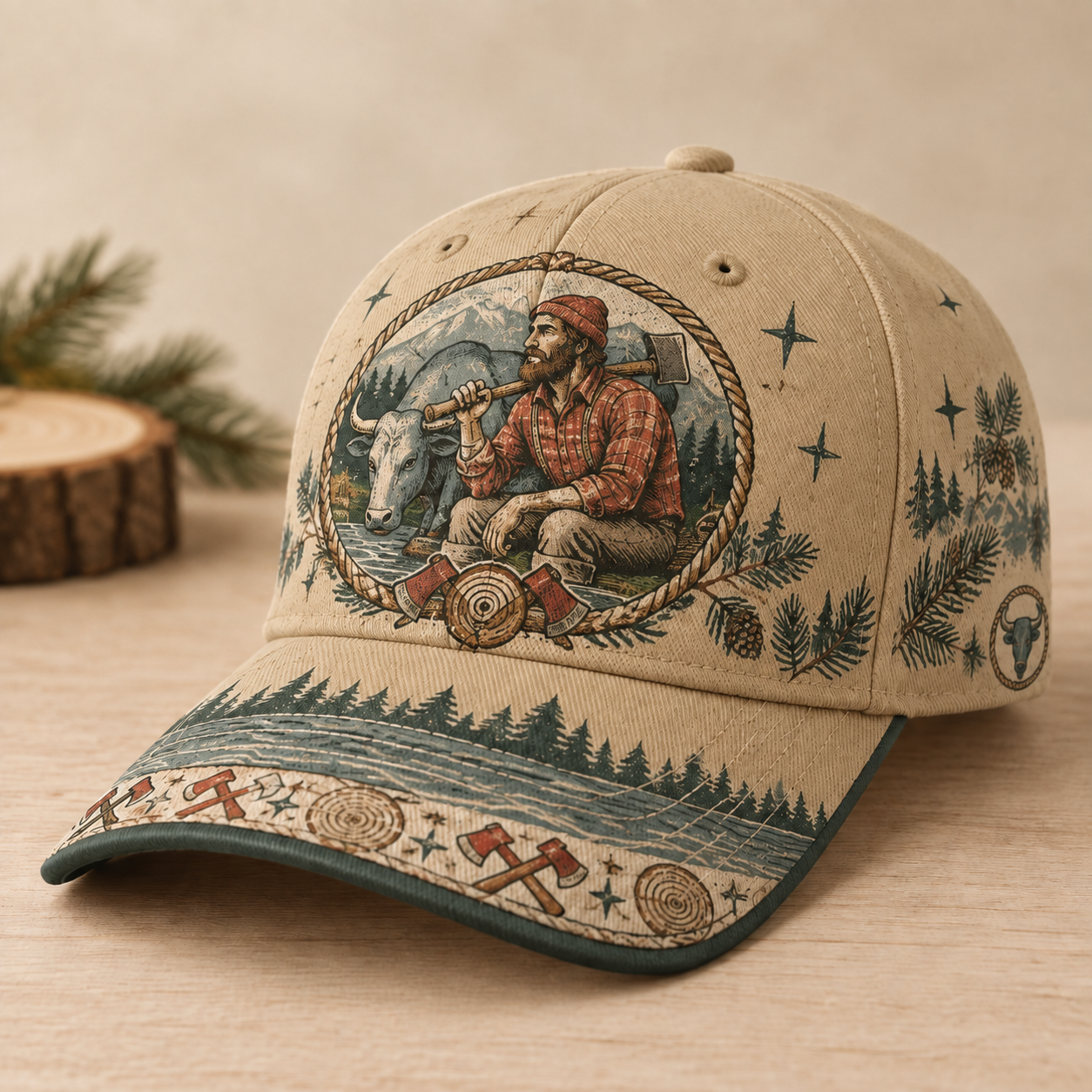 Beige Lumberjack Bull Forest Graphic Baseball Cap Khaki