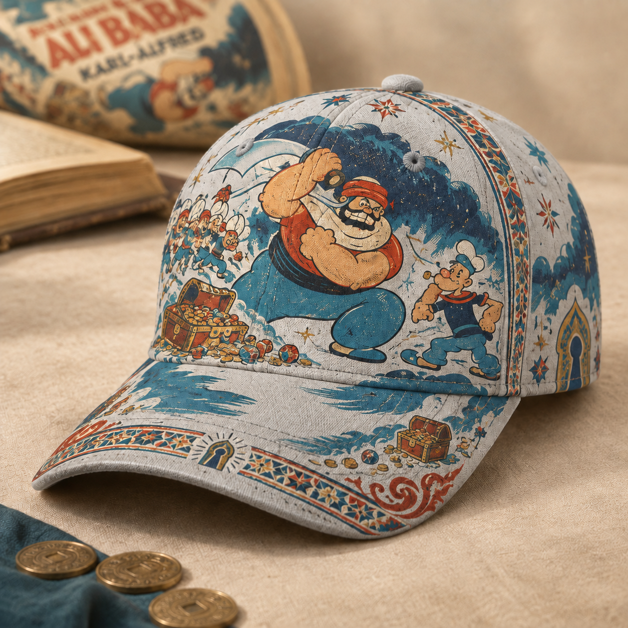 Vintage Comic Sailor Adventure Graphic Baseball Cap Gray