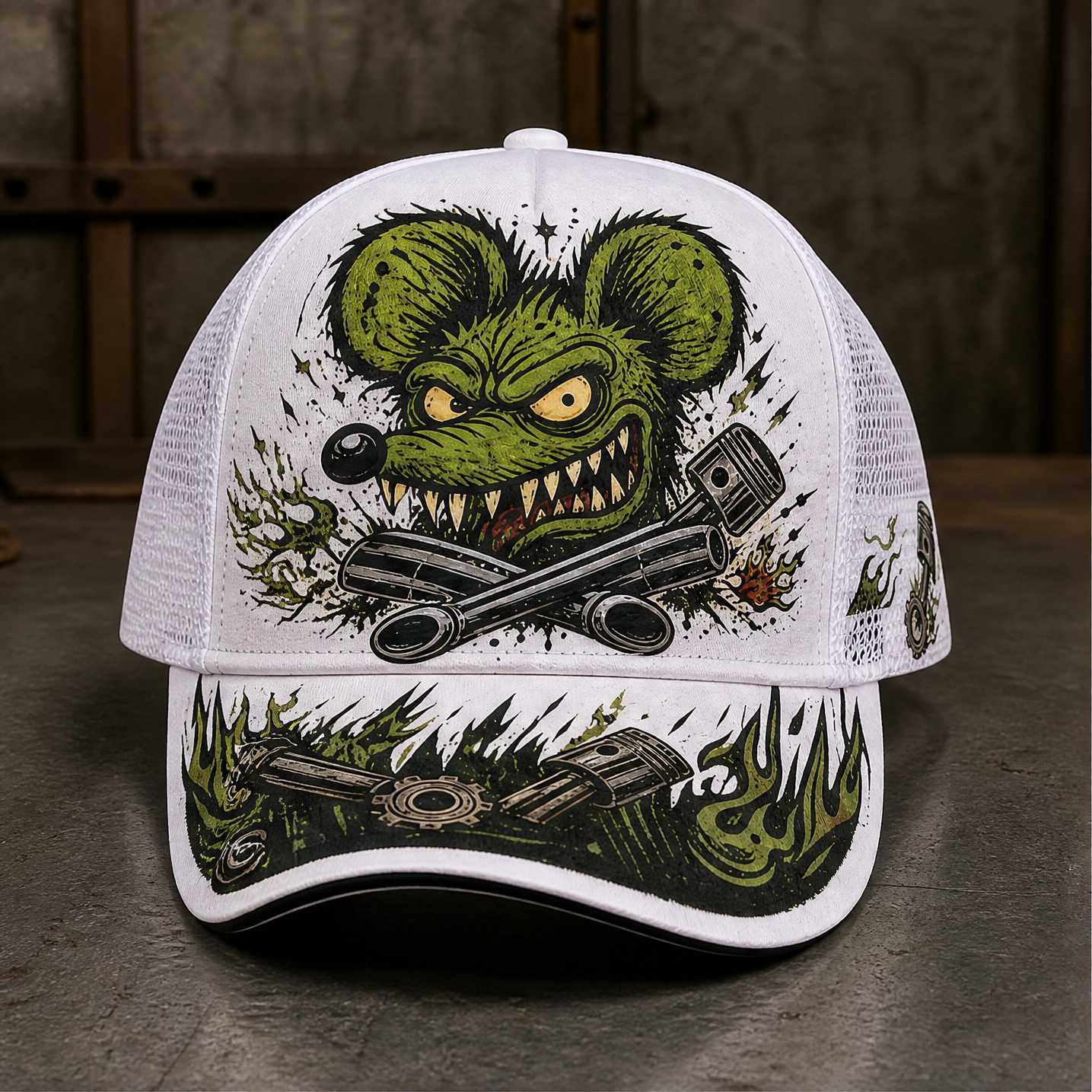 Green Monster Engine Graphic Trucker Hat product view 1