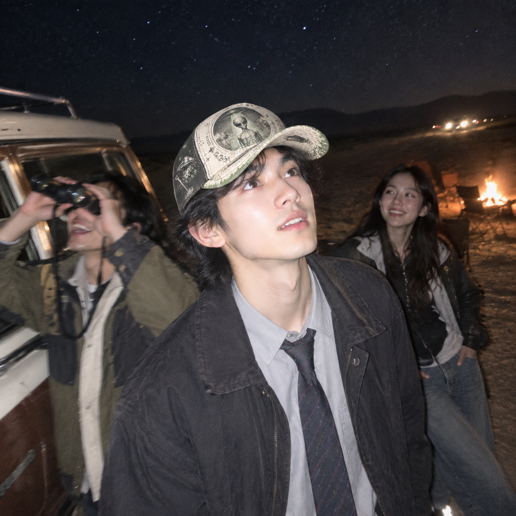 Retro Alien UFO Graphic Beige Baseball Cap product view 4