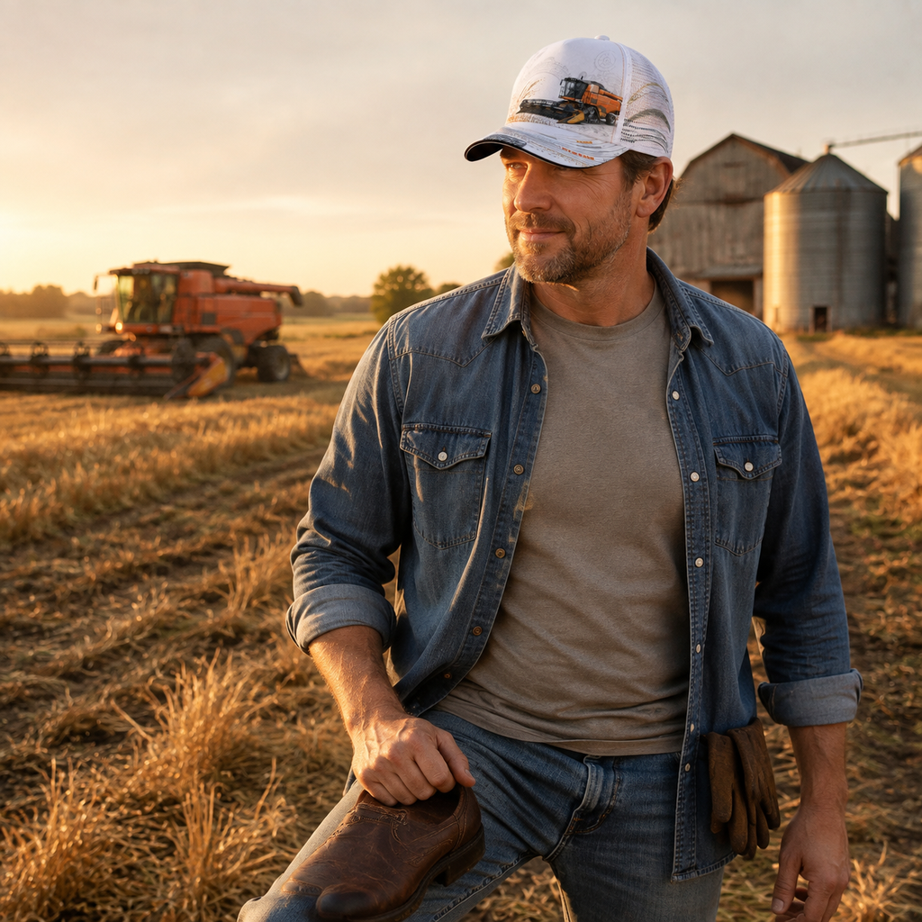 Orange Combine Harvester Trucker Hat lifestyle scene