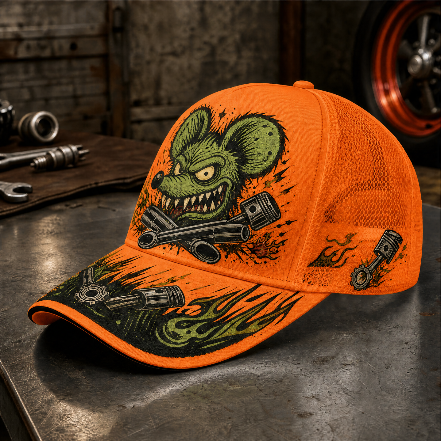 Green Monster Engine Graphic Trucker Hat Orange