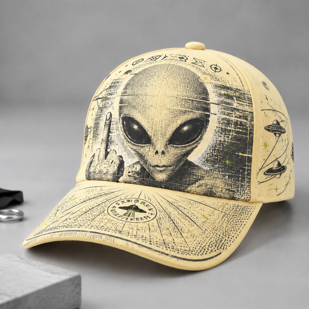 Extraterrestrial Alien Graphic Beige Baseball Cap Cream