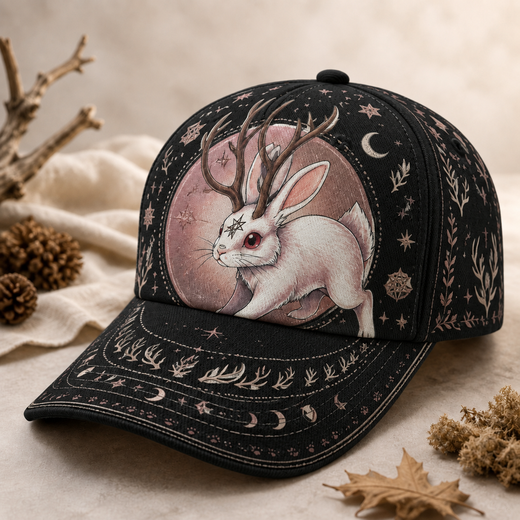 Celestial Jackalope Horned Rabbit Baseball Cap Black