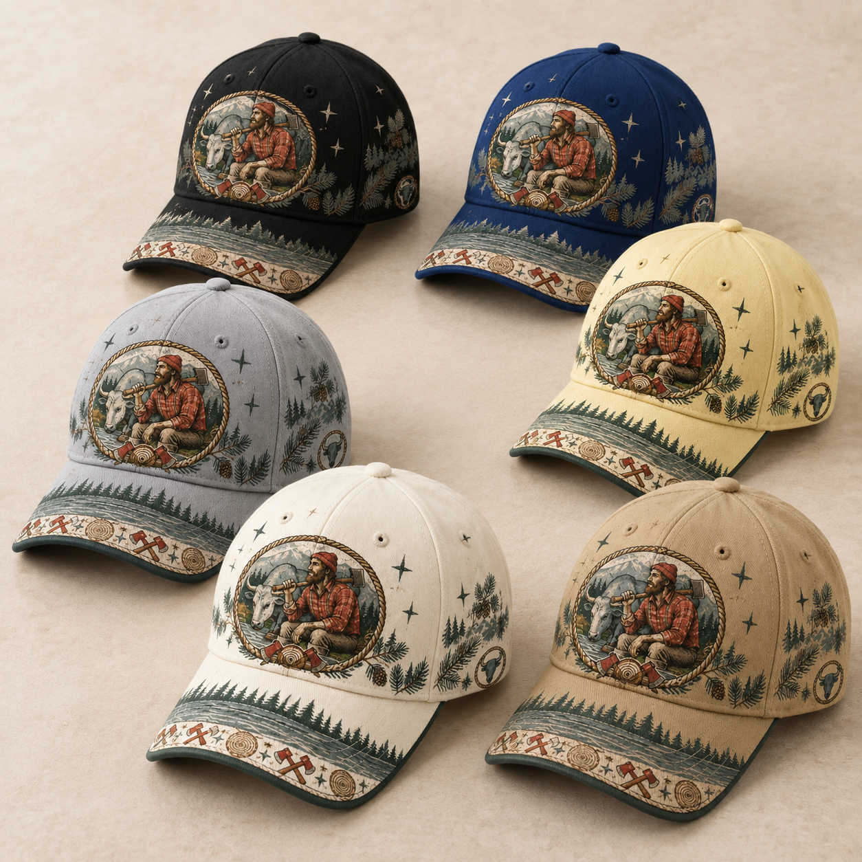 Beige Lumberjack Bull Forest Graphic Baseball Cap product view 1