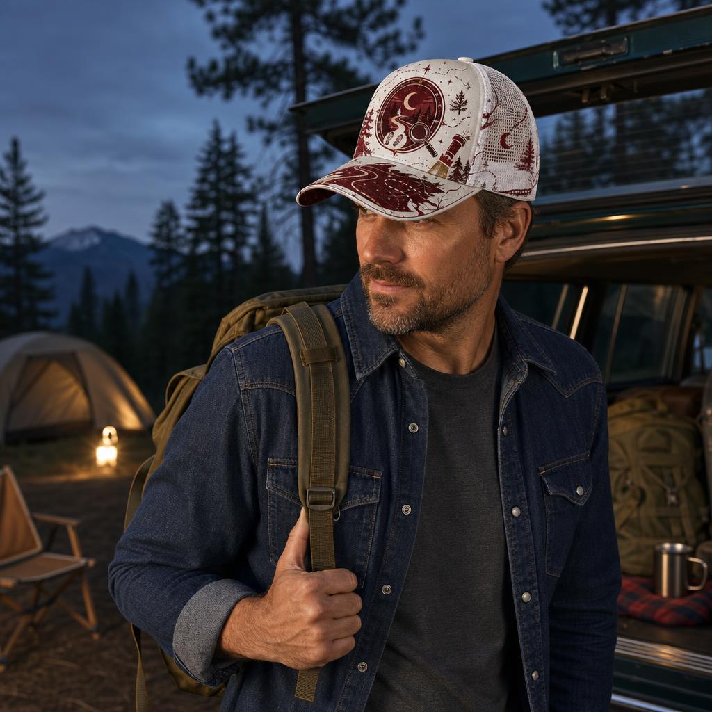 Night Trail Explorer Trucker Hat lifestyle scene