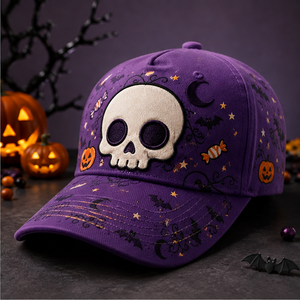 Spooky Skull Halloween Baseball Cap Purple