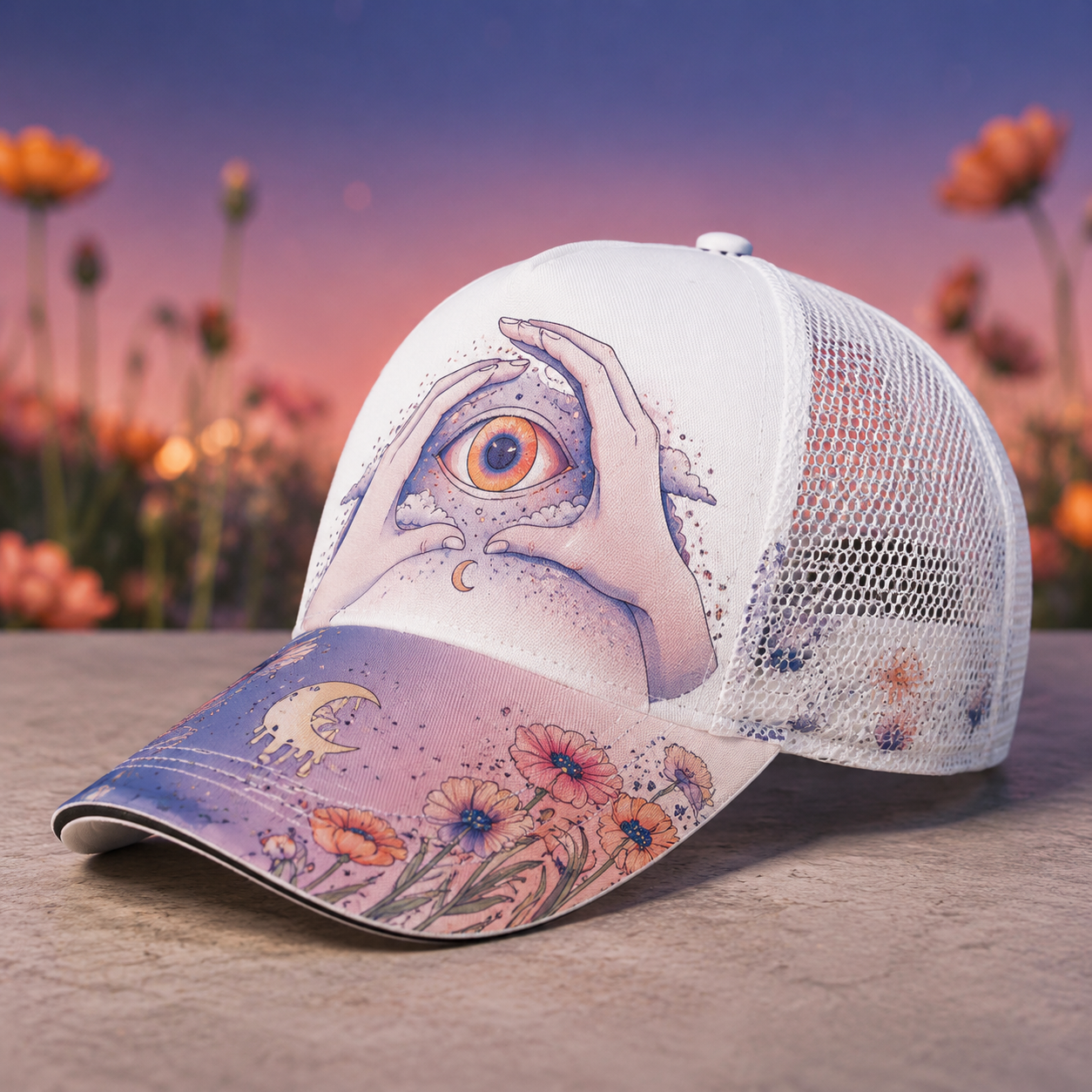 Mystical Eye Floral Trucker Hat Purple
