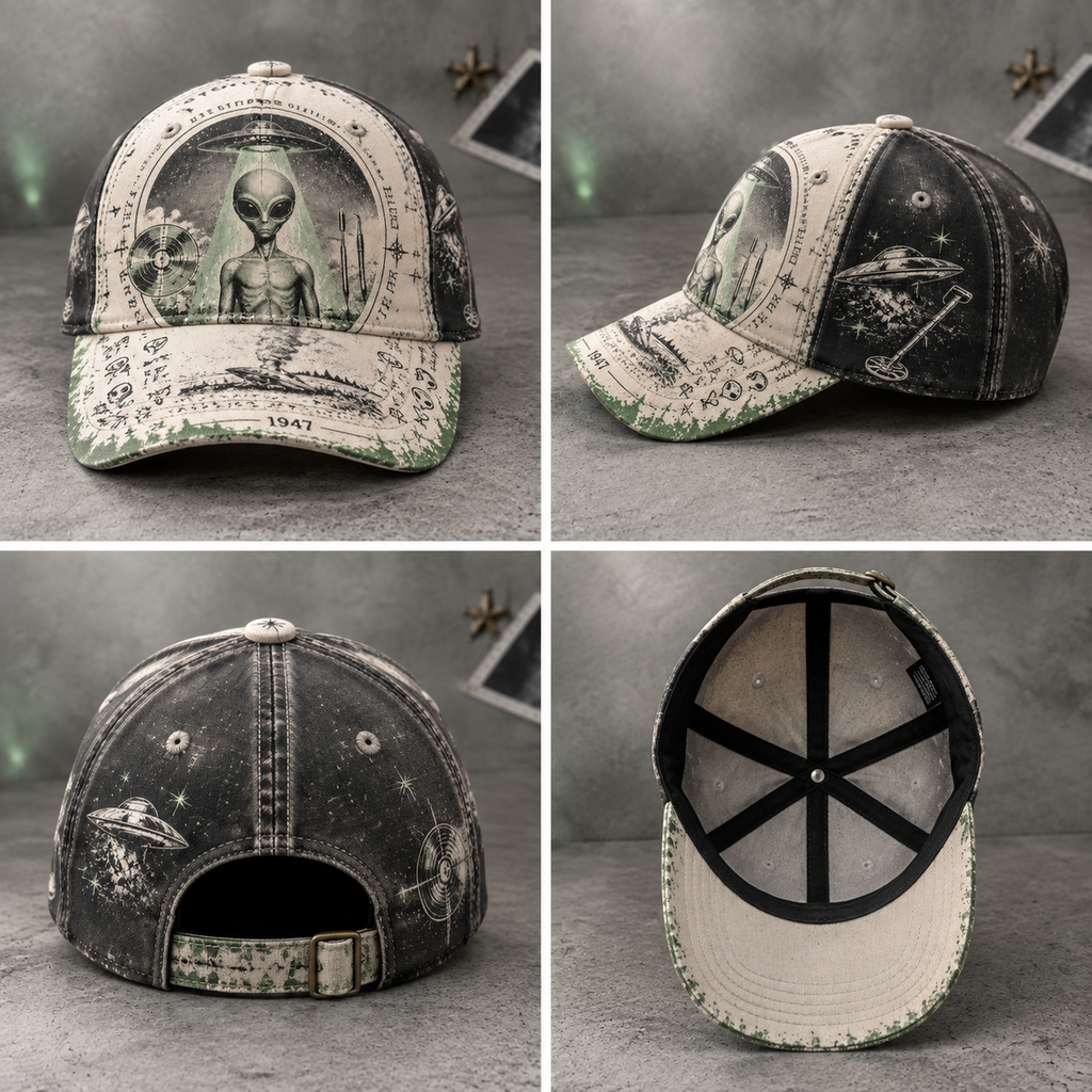 Retro Alien UFO Graphic Beige Baseball Cap product view 2
