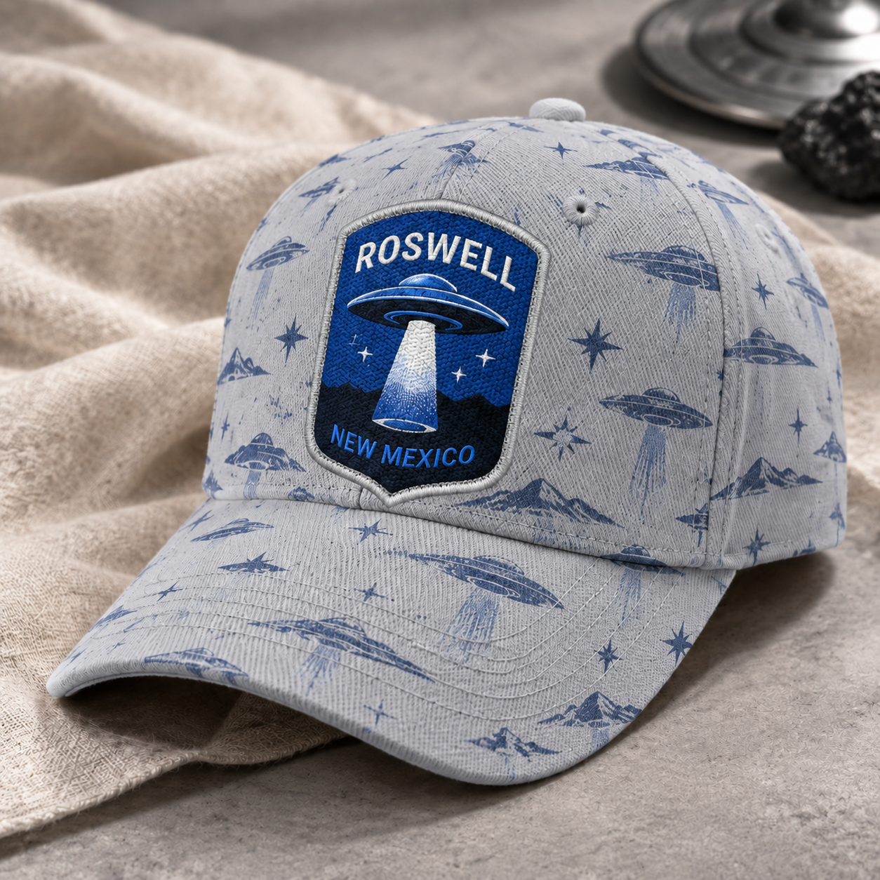 Roswell UFO Print Beige Baseball Cap Gray
