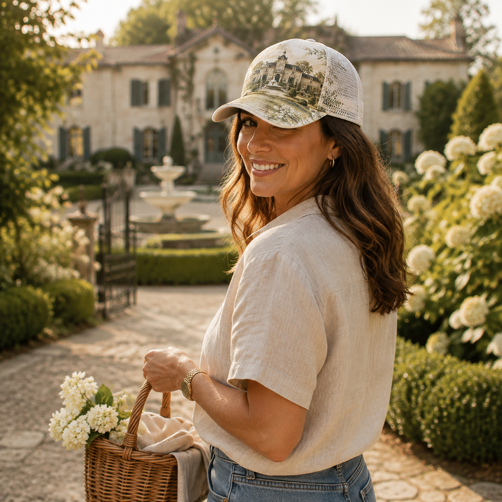 Vintage Estate Garden Trucker Hat lifestyle scene