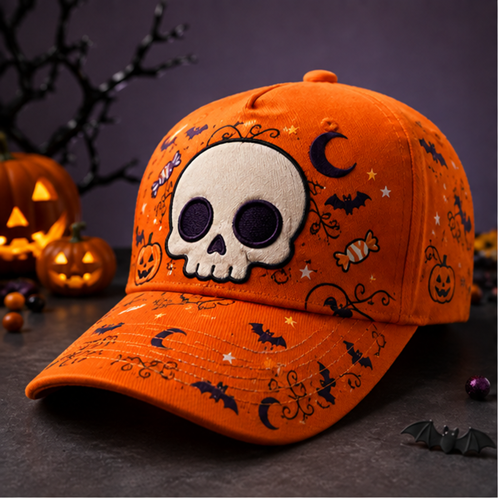 Spooky Skull Halloween Baseball Cap Orange