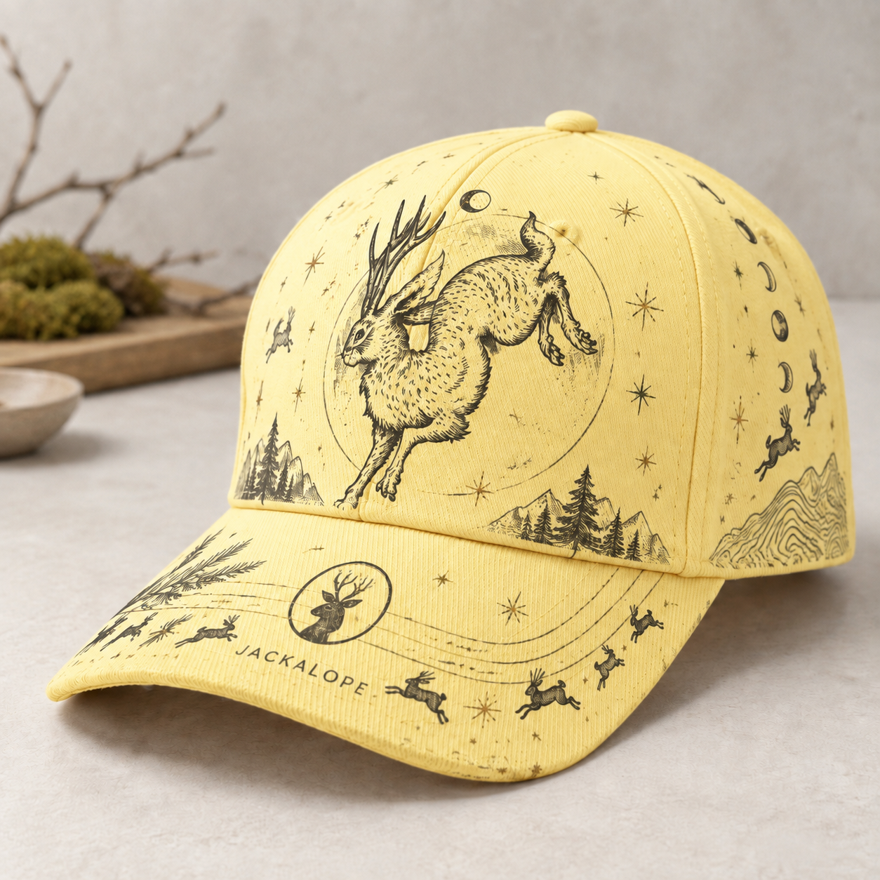 Jackalope Moon Woodland Graphic Baseball Cap Cream