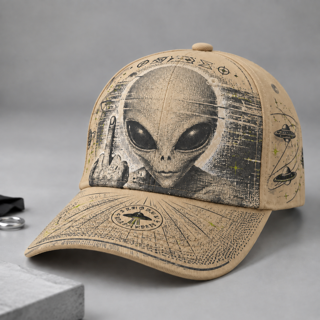 Extraterrestrial Alien Graphic Beige Baseball Cap Khaki