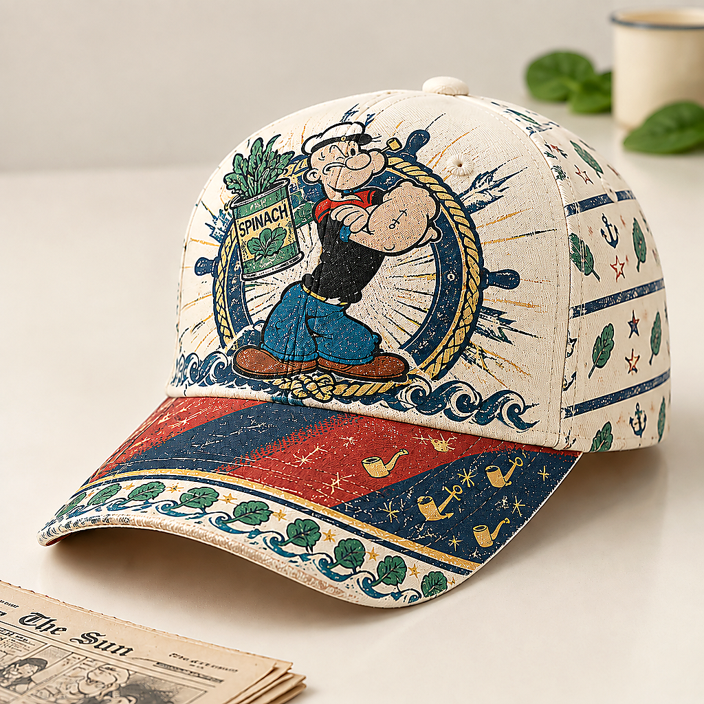 Retro Sailor Comic Spinach Nautical Baseball Cap Ivory