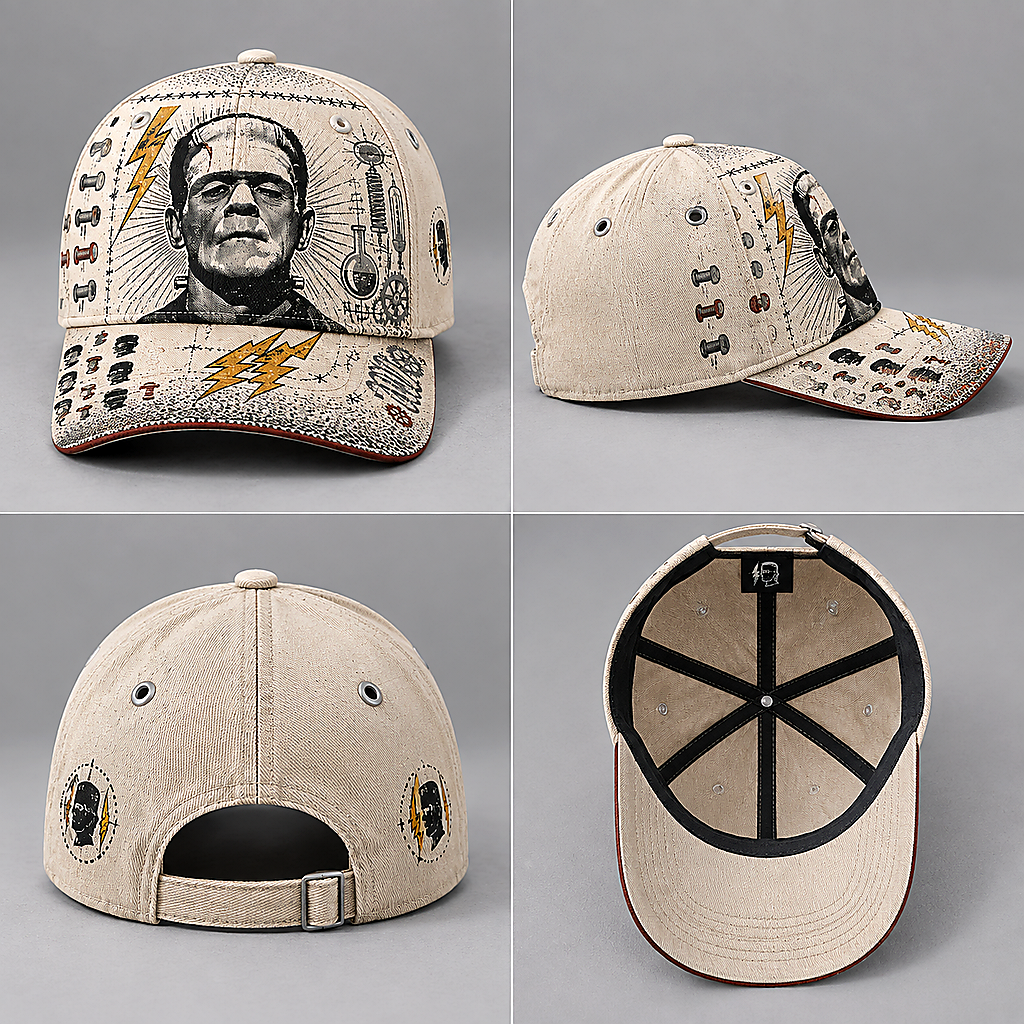 Stitched Monster Lightning Graphic Beige Baseball Cap product view 2