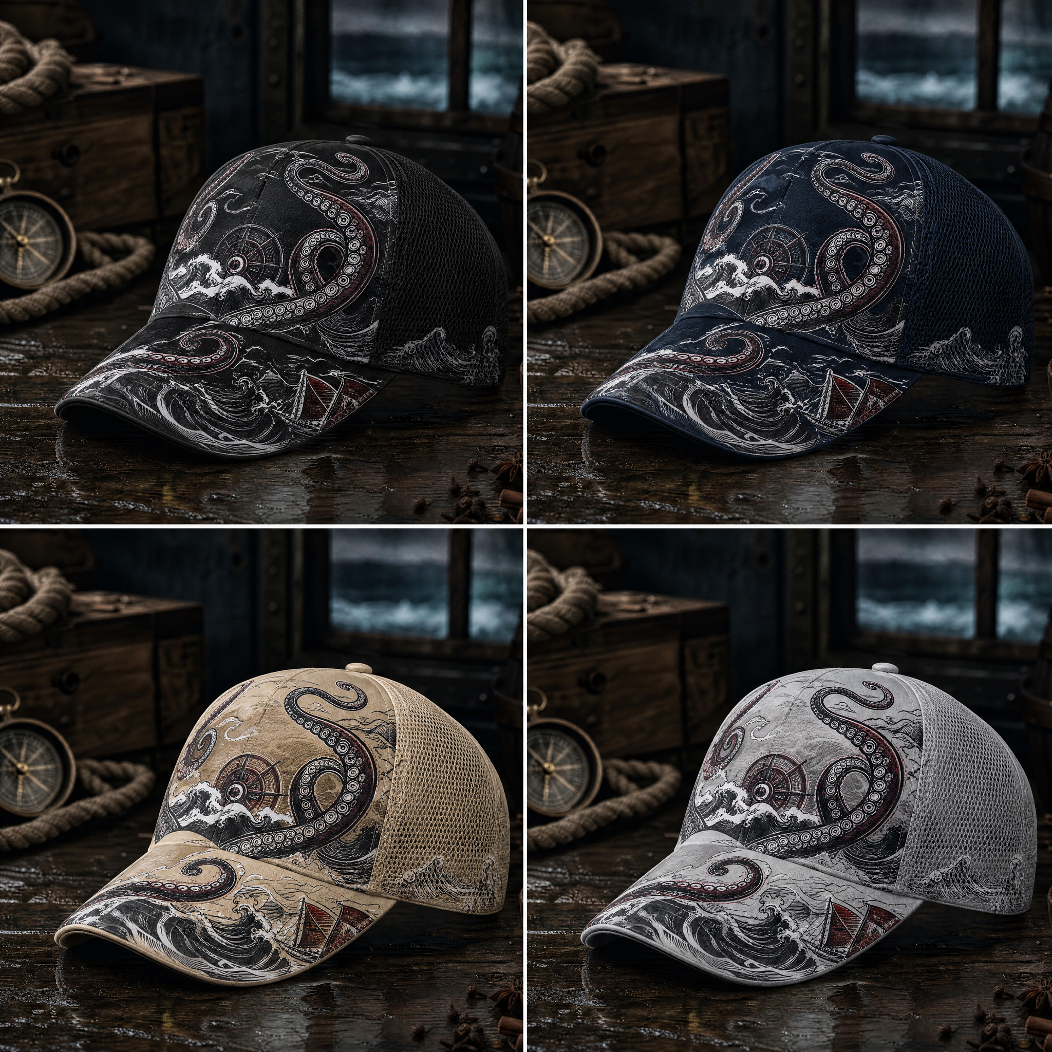 Nautical Octopus Waves Trucker Hat product view 6