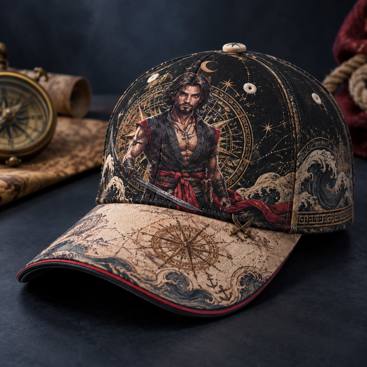 Nautical Swordsman Compass Graphic Baseball Cap Black