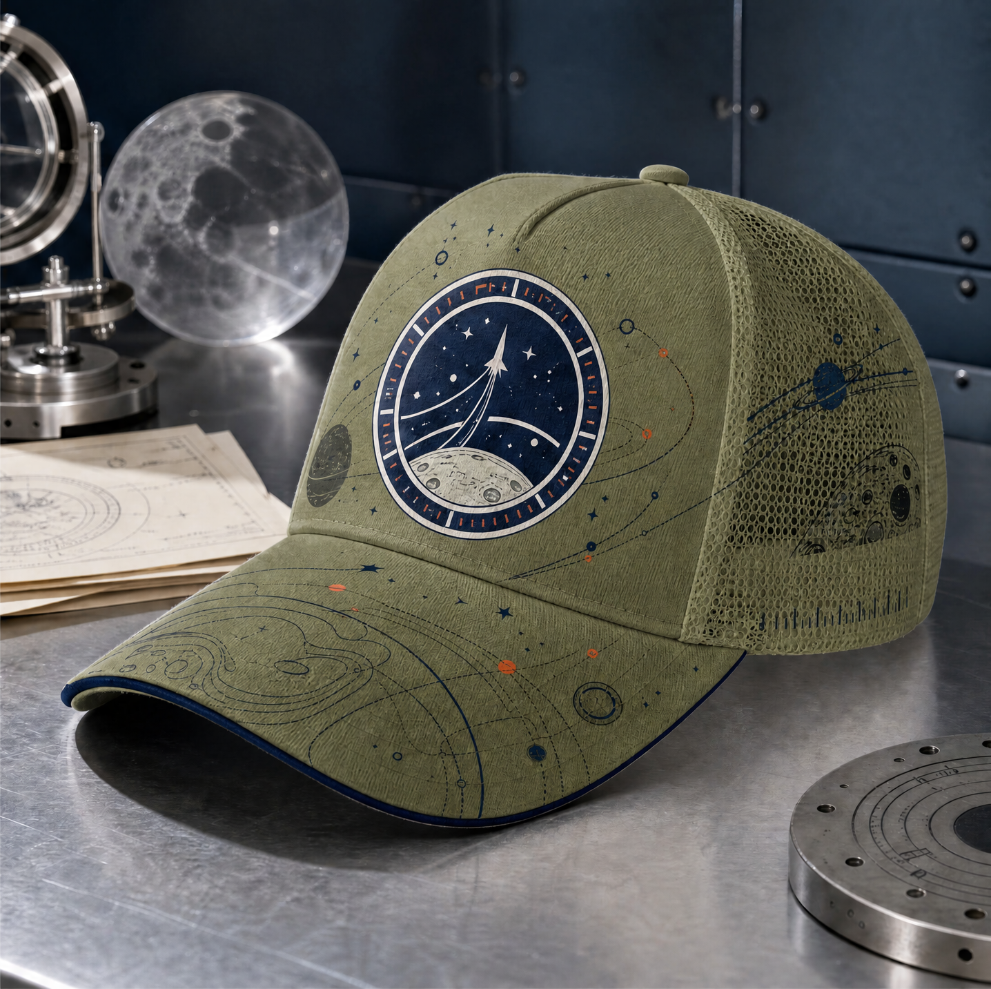 Cosmic Rocket Orbit Trucker Hat Olive