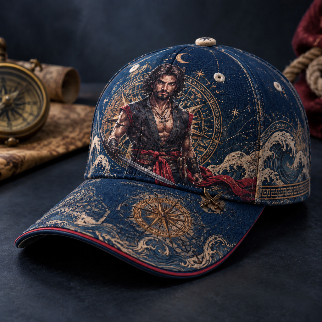 Nautical Swordsman Compass Graphic Baseball Cap Navy