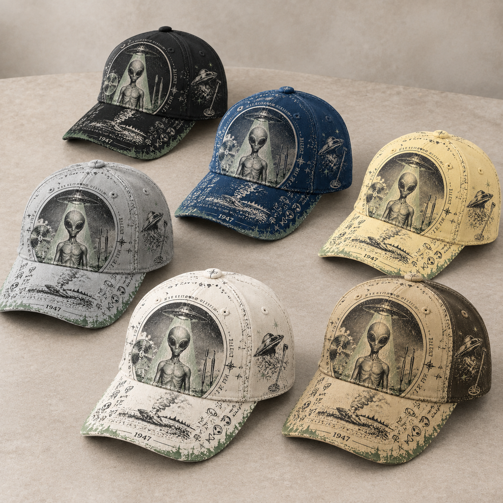 Retro Alien UFO Graphic Beige Baseball Cap product view 1