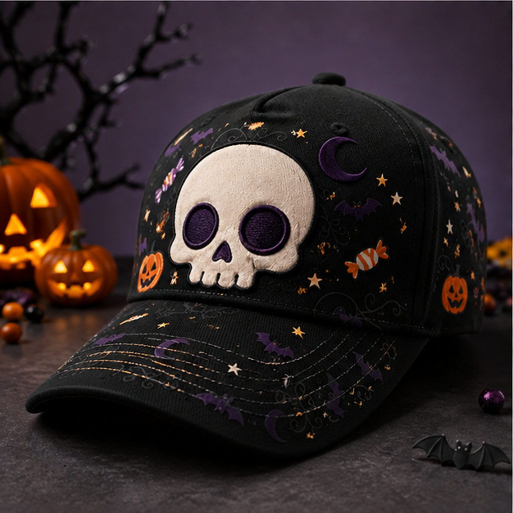 Spooky Skull Halloween Baseball Cap Black