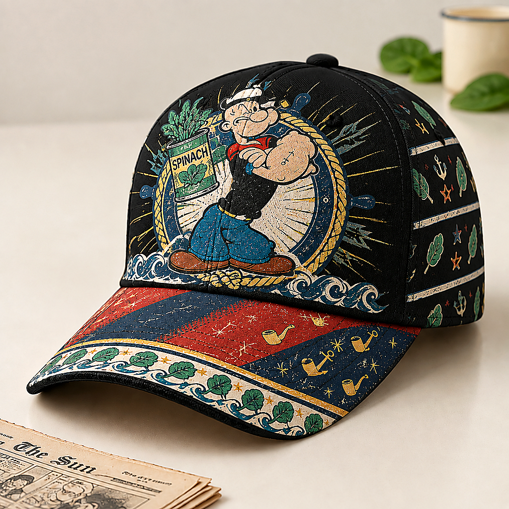 Retro Sailor Comic Spinach Nautical Baseball Cap Black