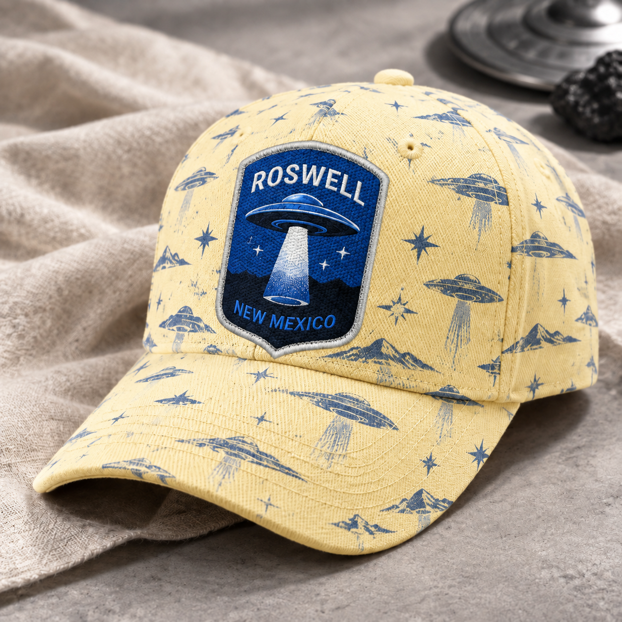 Roswell UFO Print Beige Baseball Cap Cream