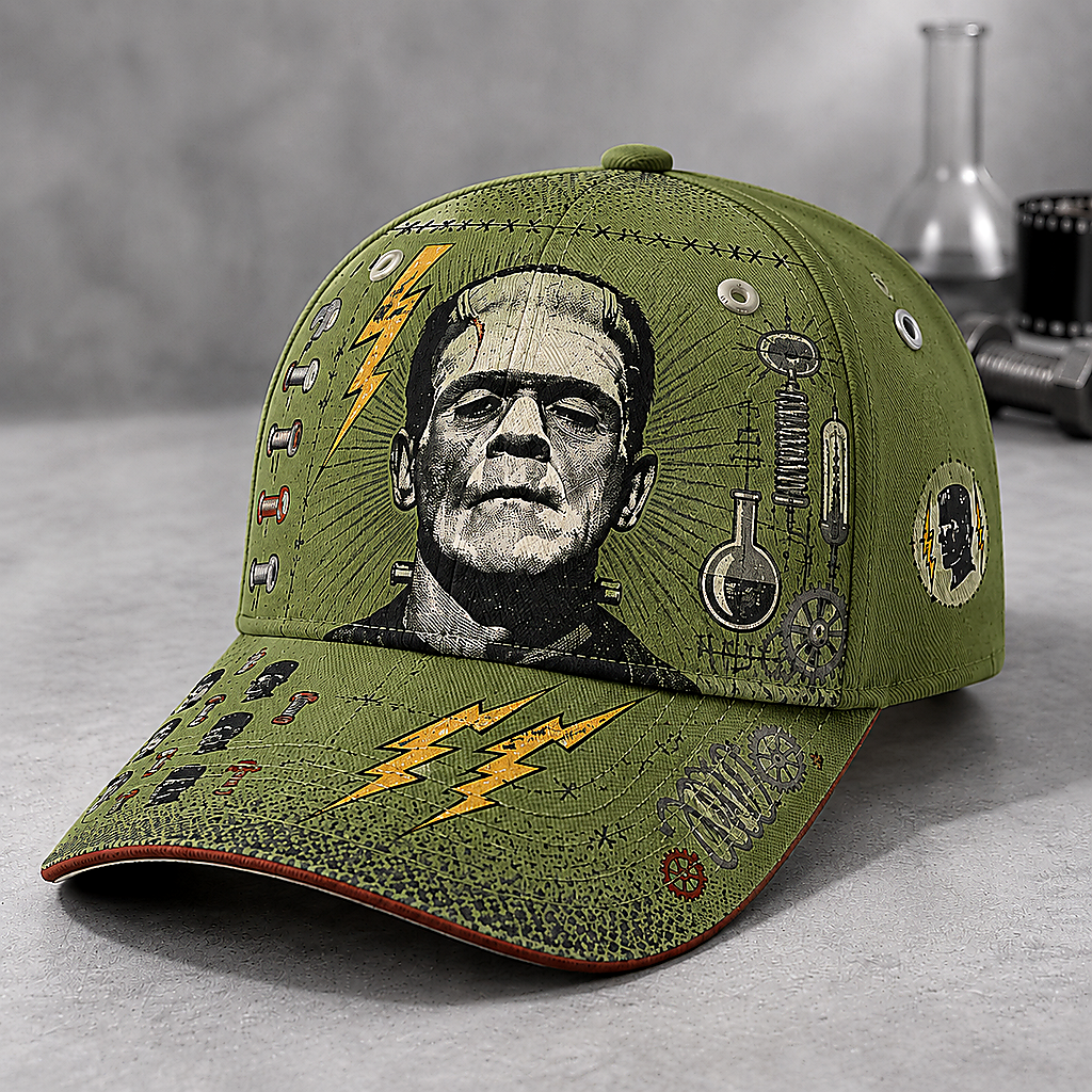 Stitched Monster Lightning Graphic Beige Baseball Cap Olive