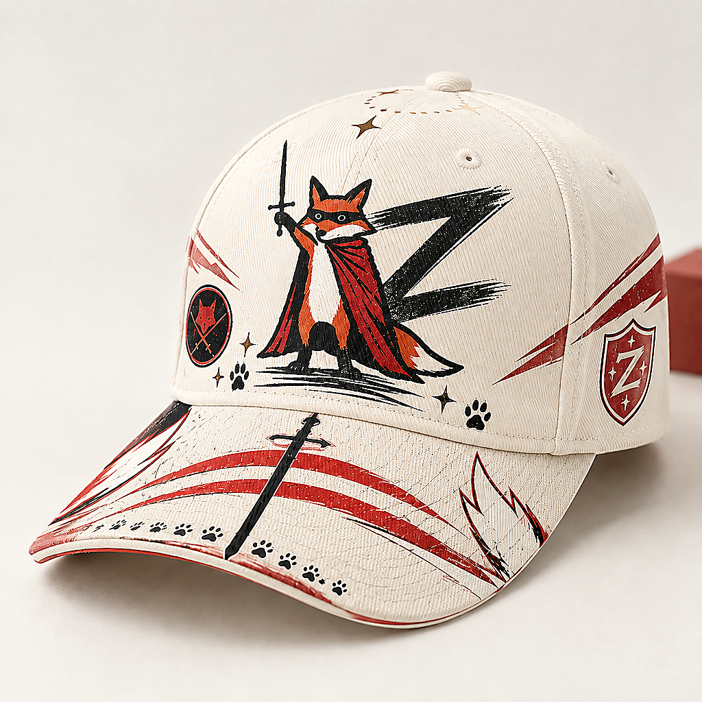 Fox Warrior Sword Graphic Baseball Cap Ivory
