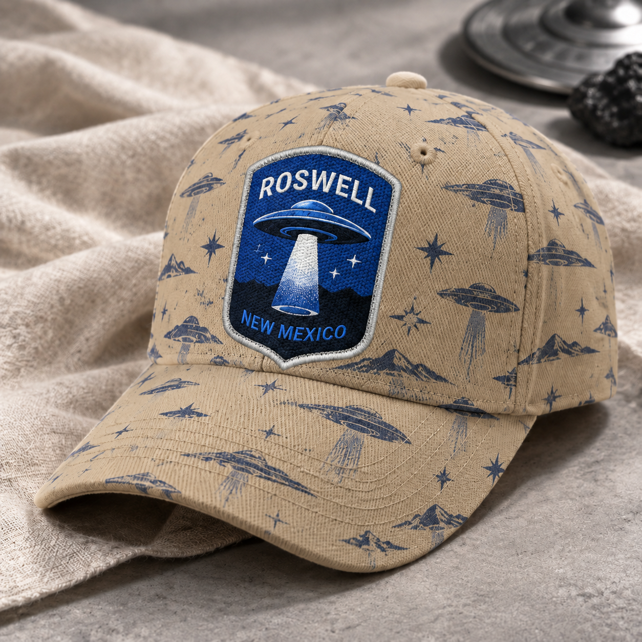 Roswell UFO Print Beige Baseball Cap Khaki