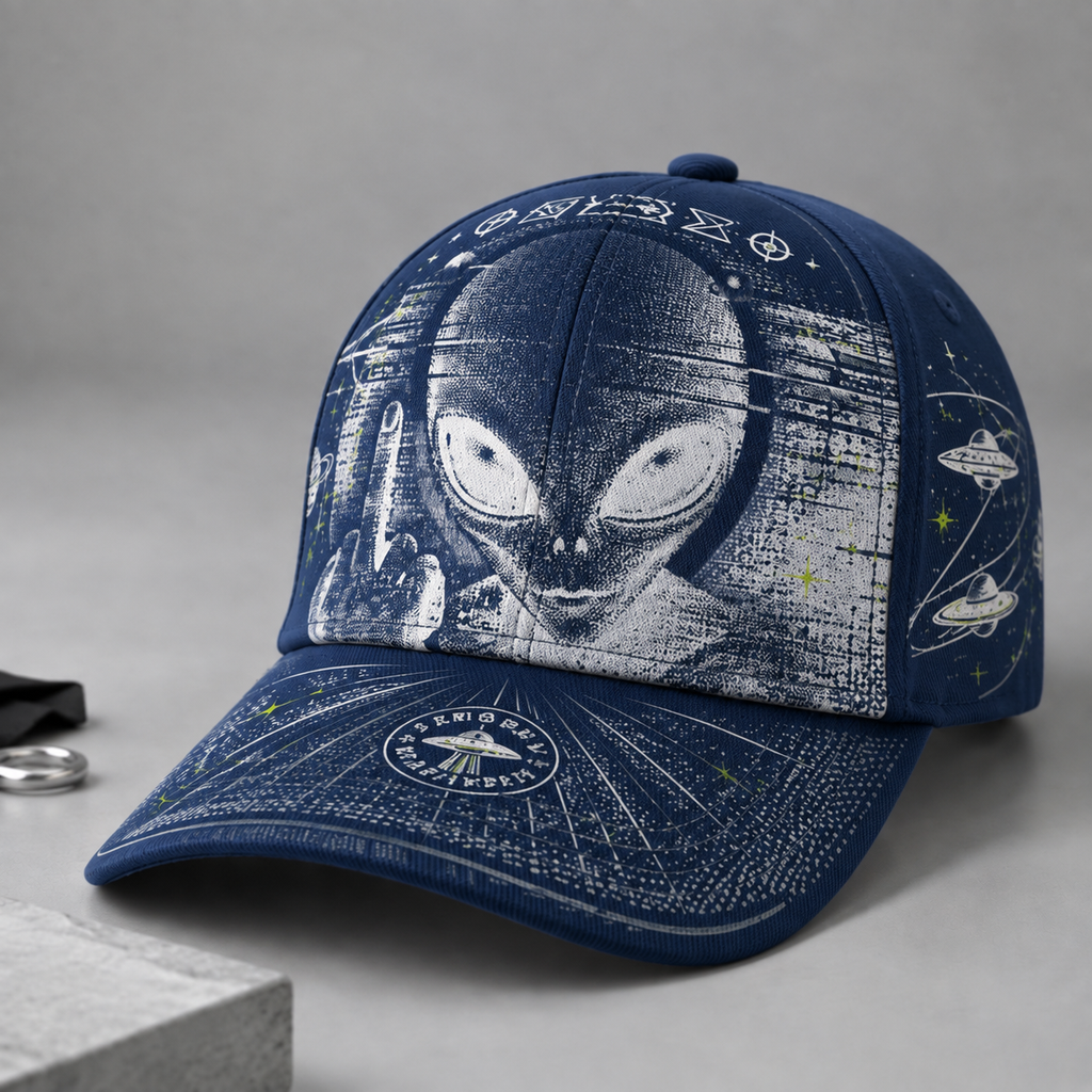 Extraterrestrial Alien Graphic Beige Baseball Cap Navy