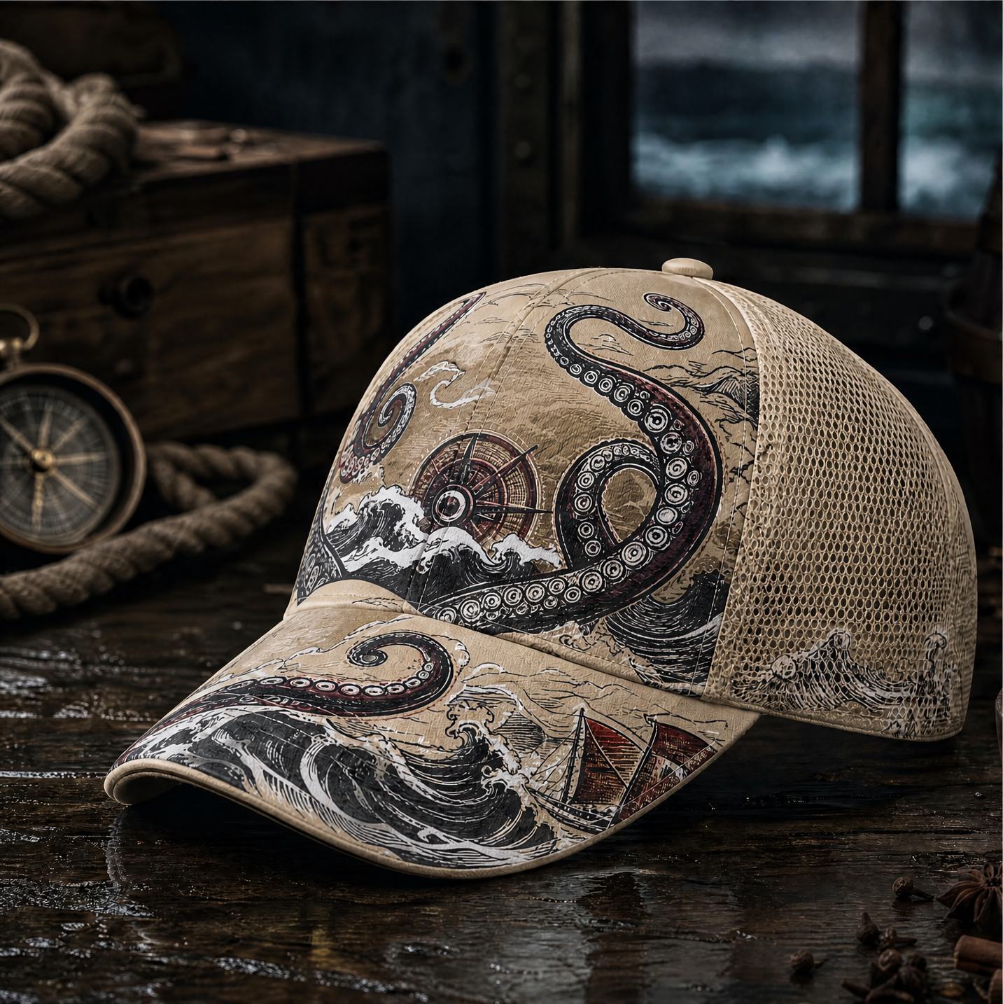 Nautical Octopus Waves Trucker Hat Khaki