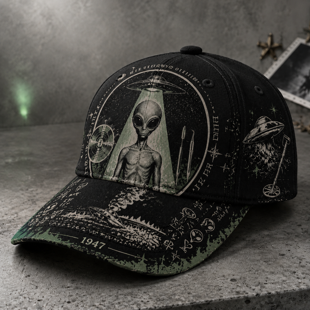 Retro Alien UFO Graphic Beige Baseball Cap Black