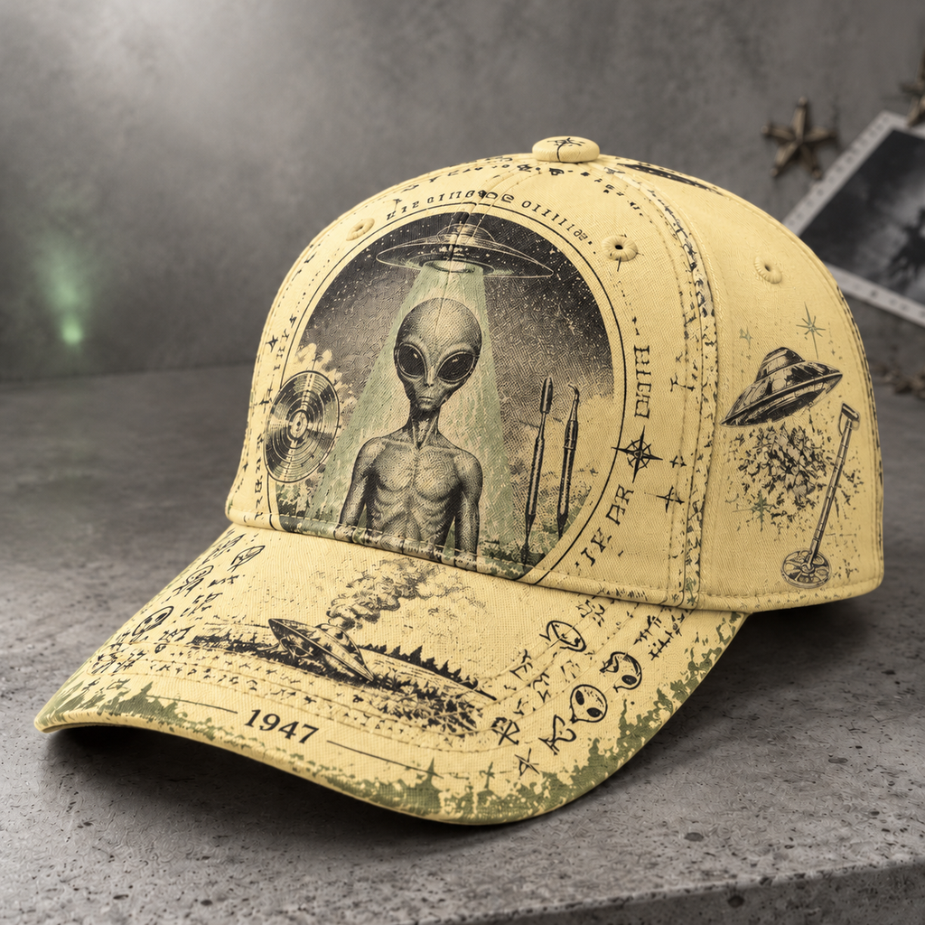 Retro Alien UFO Graphic Beige Baseball Cap Cream