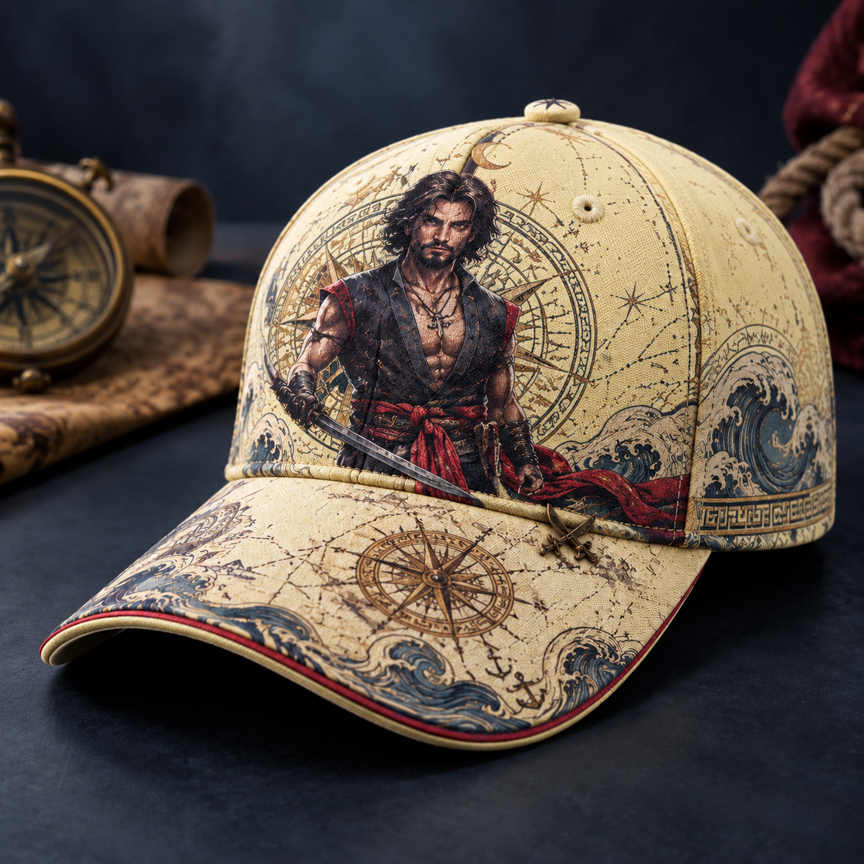 Nautical Swordsman Compass Graphic Baseball Cap Cream