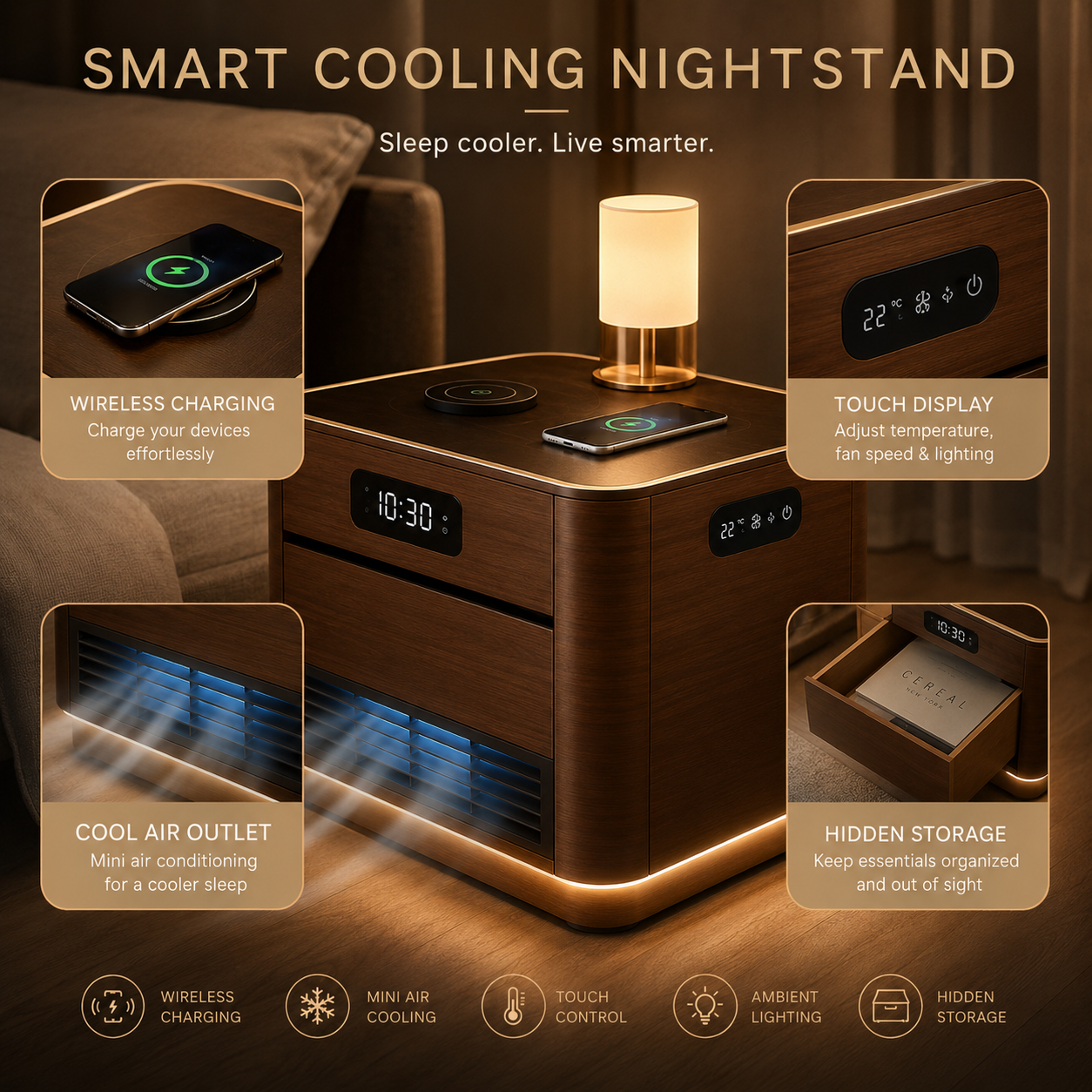 Smart Cooling Nightstand with Wireless Charging