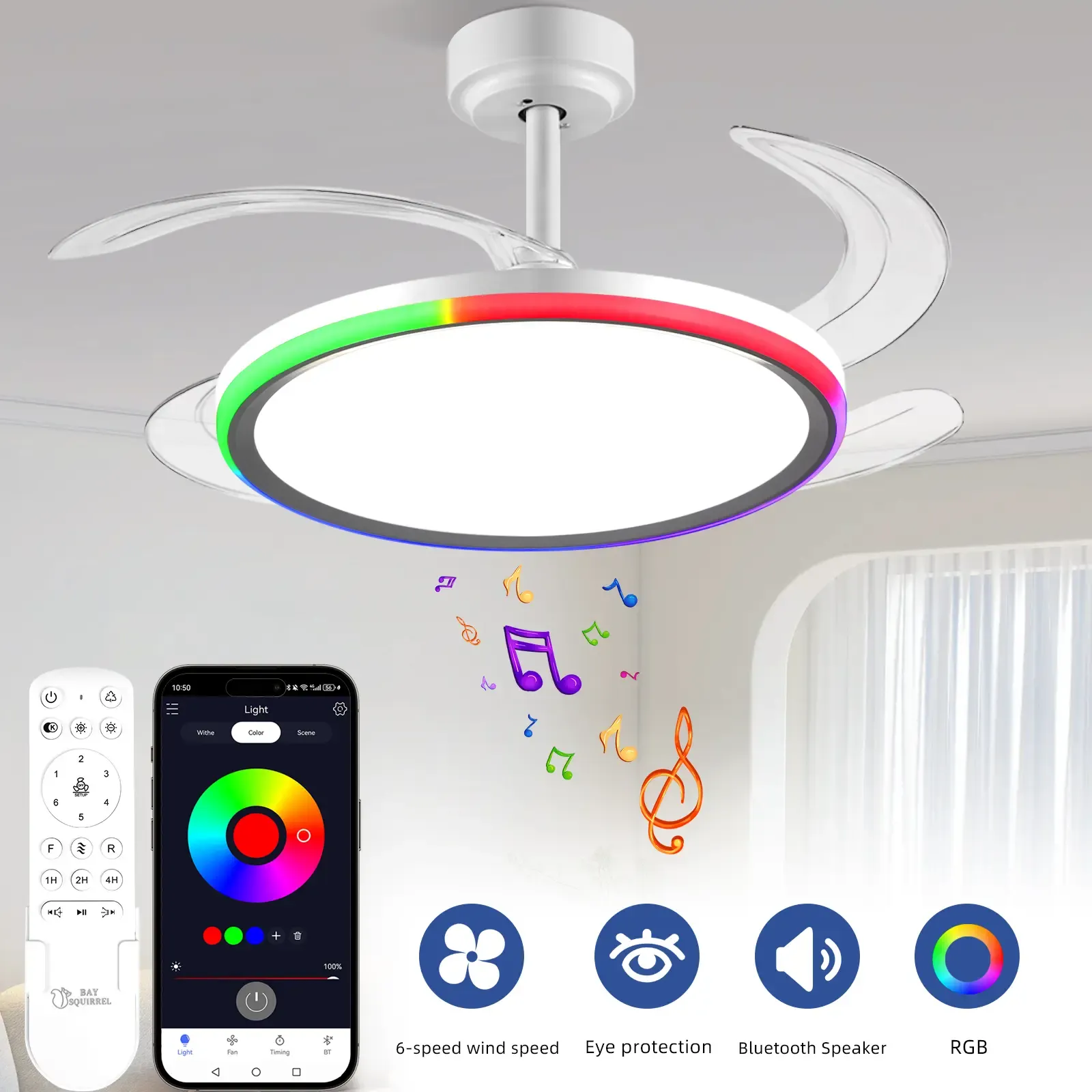 42 Inch Slim Invisible Ceiling Fan with RGB Lights-Ventilador de Techo con Luz LED