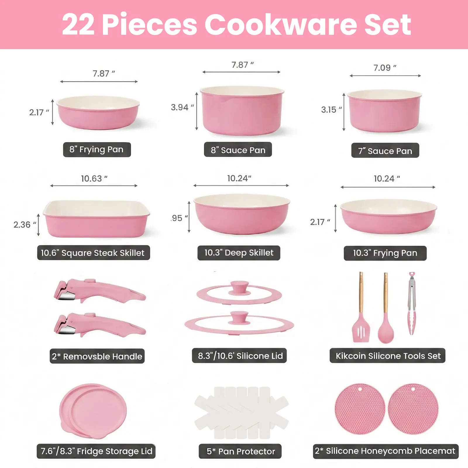 Ceramic Pro 22pcs Non-Stick Cookware Set with Detachable Handles