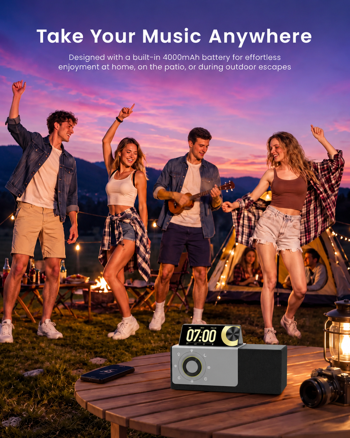 Flip-Up Display Screen Bluetooth Speaker with 7-in-1 Wireless Charging Station