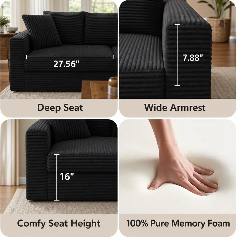 Gray 3-in-1 Modular Boneless Sofa with Memory Foam & Storage Ottoman