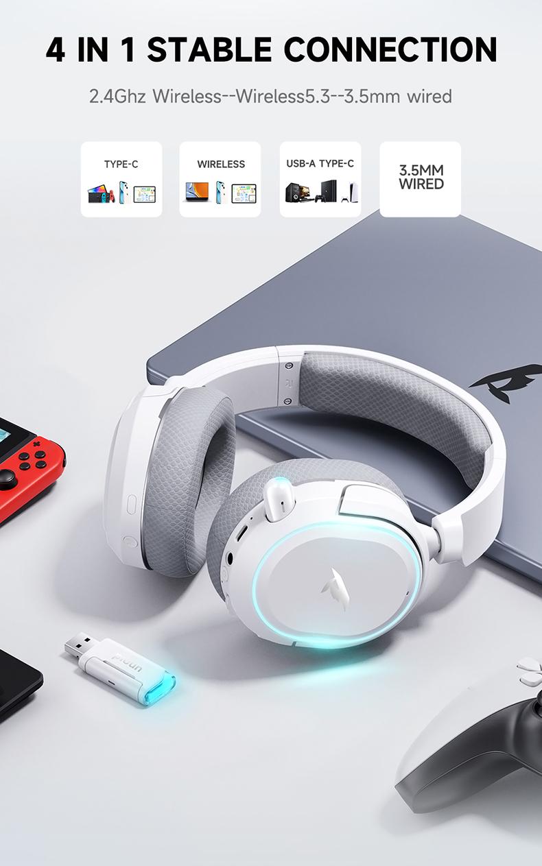 Picun G2  Wireless Gaming Headset  for PC PS5 PS4 Mac Switch,  7.1 Surround Sound 100-Hr 2.4Ghz USB Gaming Headphones, Bluetooth 6.0 & Type-C, Noise Canceling Mic, RGB Light, Ideal for FPS, RPG Gamers, Not for Xbox